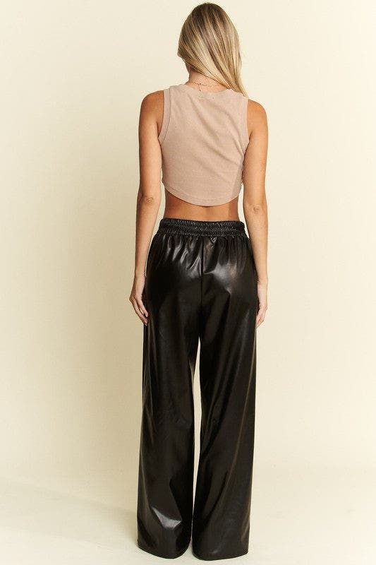 Wide Leg Leather Pants - Black