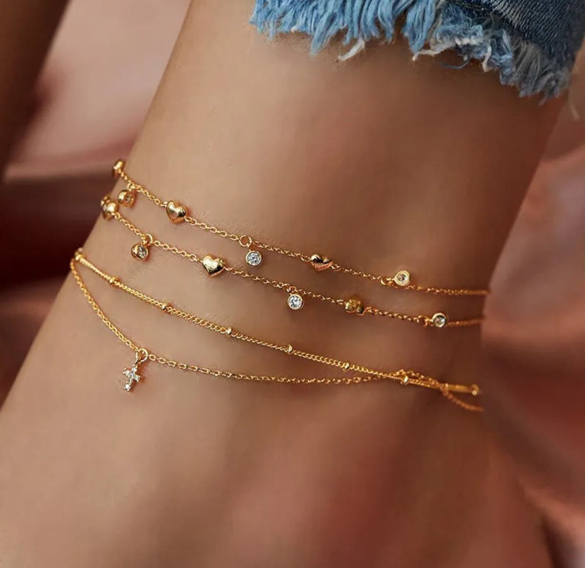 Heart & Cross Multilayer Anklet