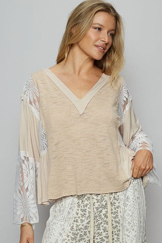 SALE* V-Neck Flare Sleeve Top - BEIGE