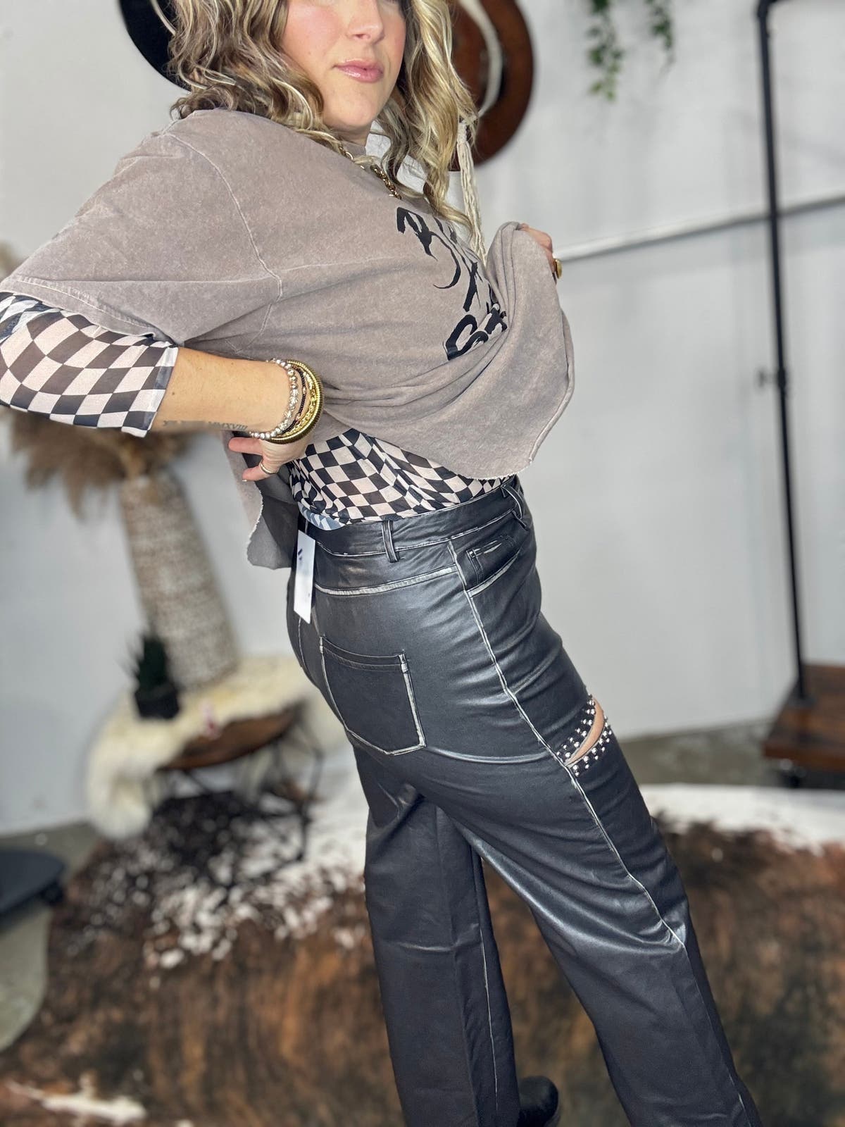 Stone Studded Faux Leather Pants