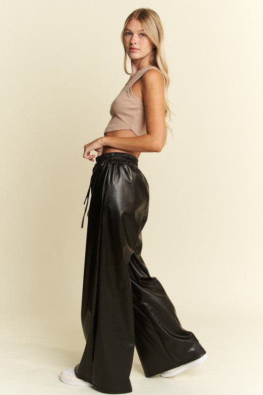 Wide Leg Leather Pants - Black