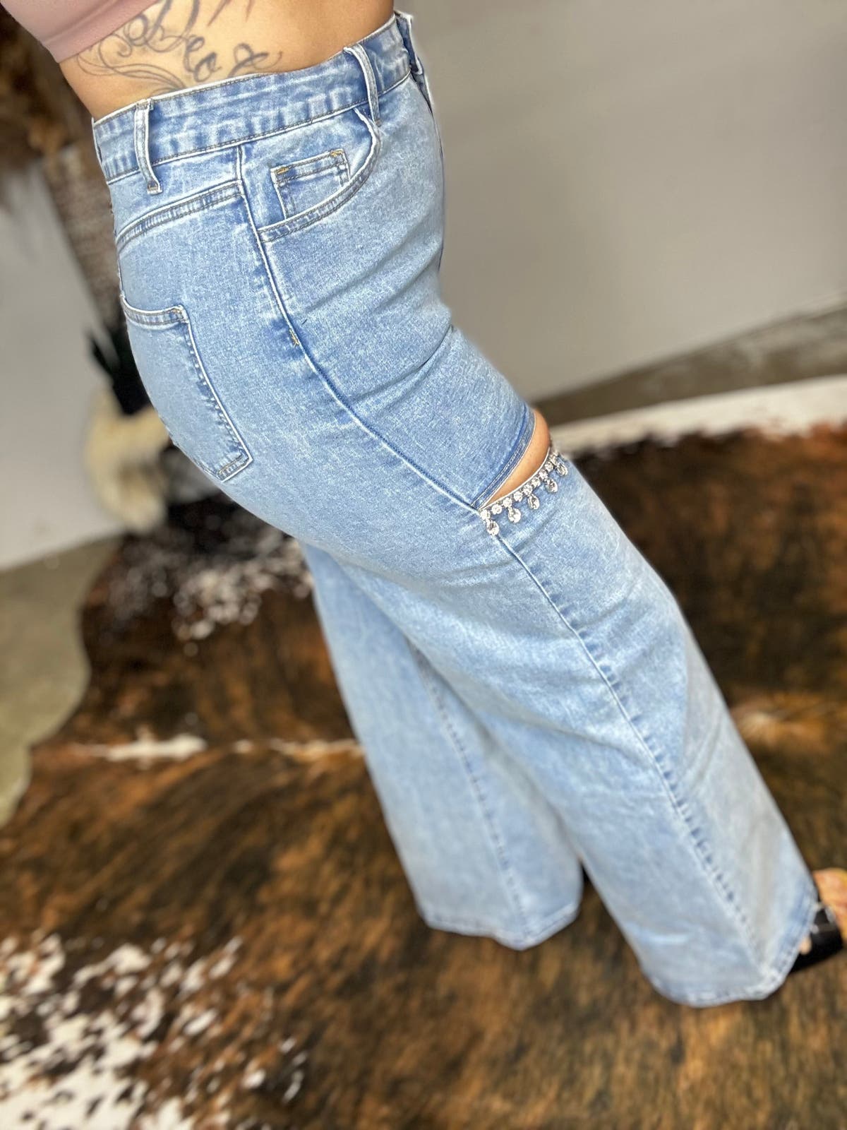 Mid Rise Crystal Slit Bottom Denim Jeans