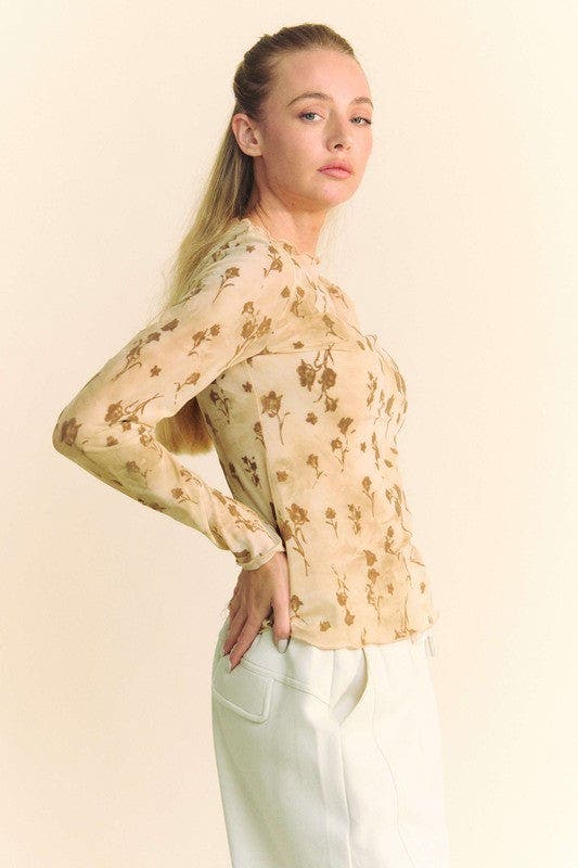 Floral Mesh Long Sleeve Sheer Layering Top - CREAM LATTE