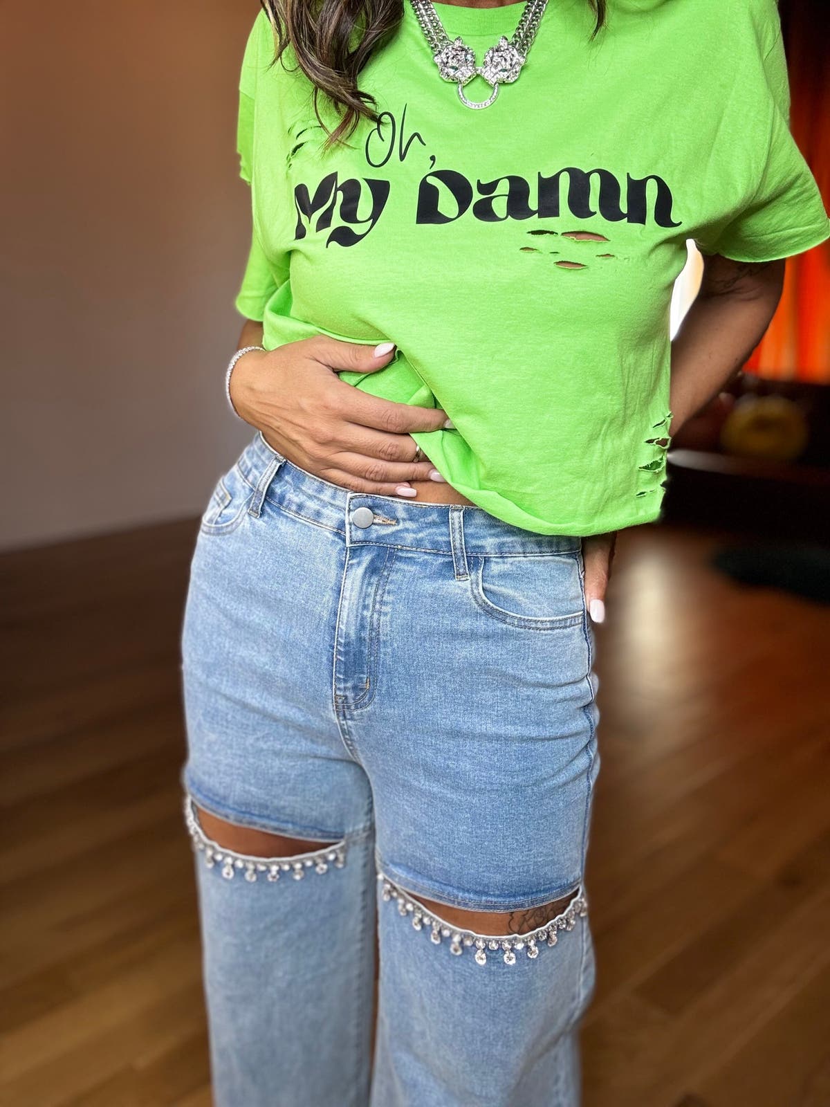 Mid Rise Crystal Slit Bottom Denim Jeans