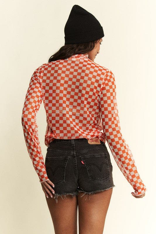 Checkerboard Print Mesh Mock Neck Top - ORANGE