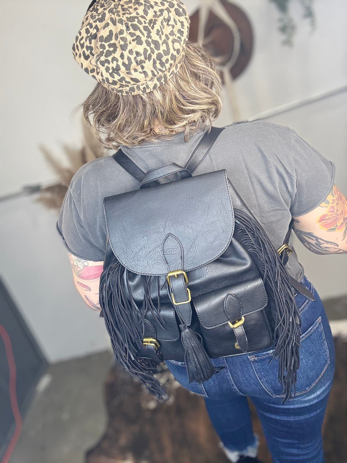Buckle Fringe Backpack - BLACK