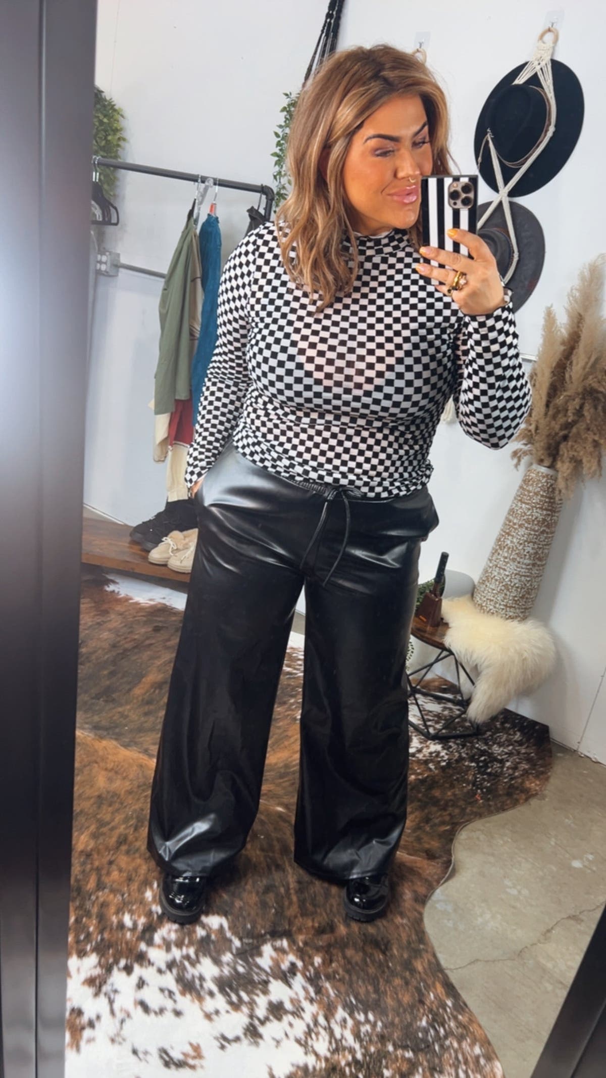 Wide Leg Leather Pants - Black