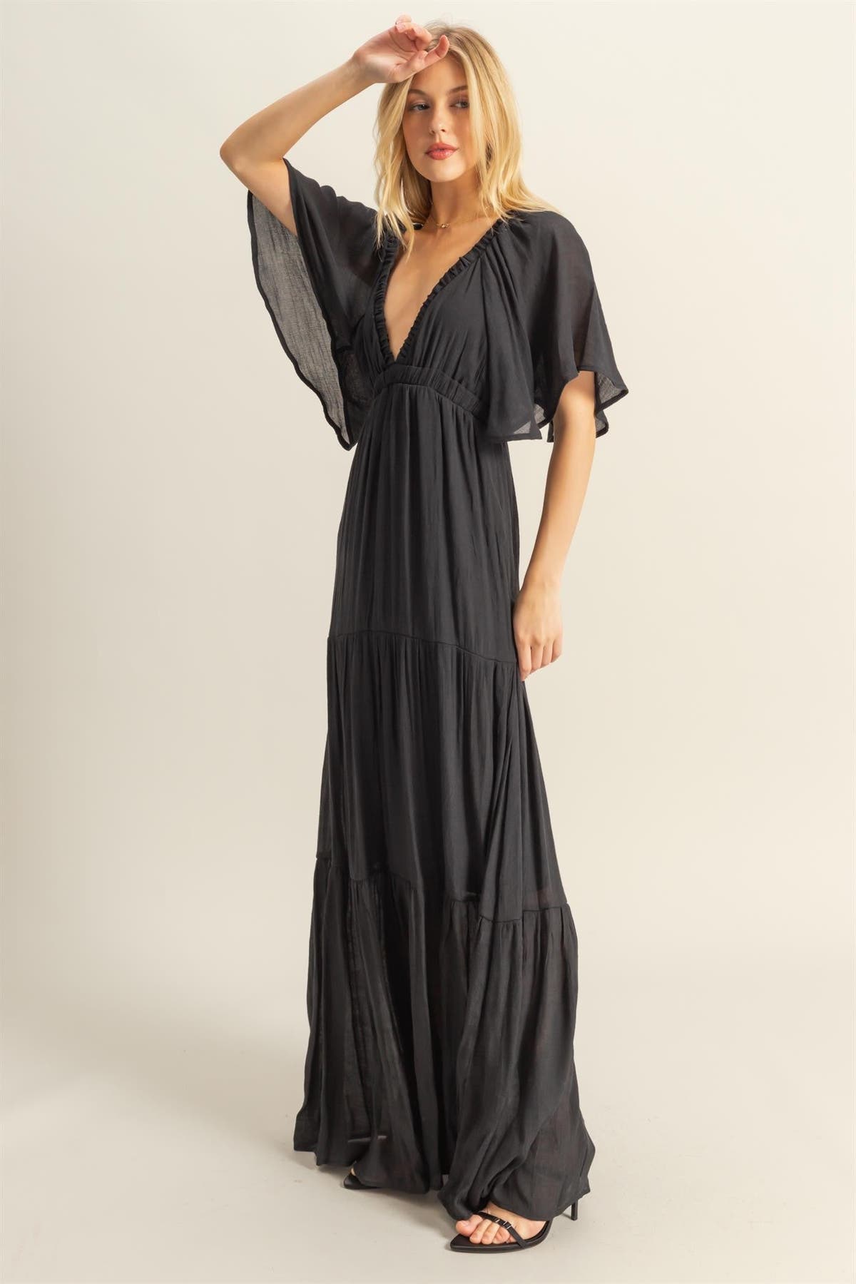 chinese dress ladies Black Smocked Flowy Boho Pleated Backless Maxi Dress – Aquarius Brand main image 0