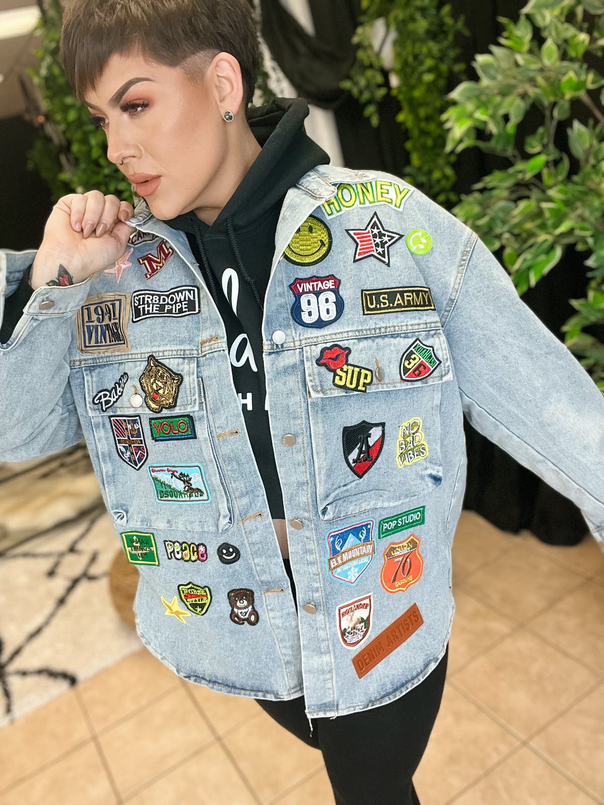 Patched Denim Jacket - Denim