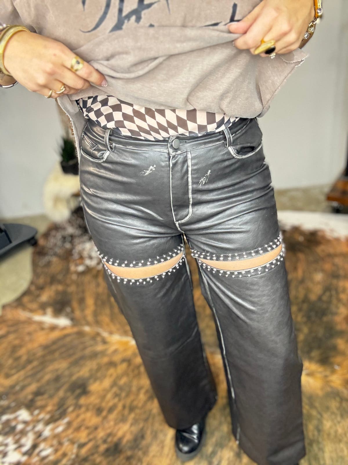 Stone Studded Faux Leather Pants