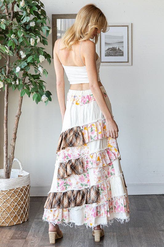 SALE* Washed Plaid Flower Patchwork Skirt - PINK *Final Sale*