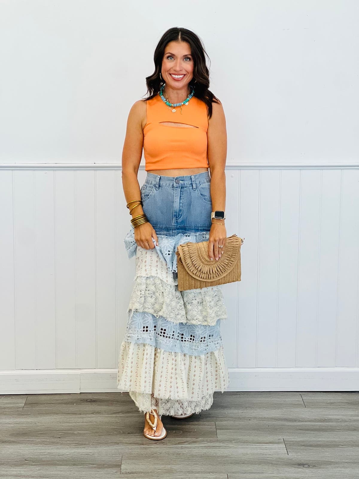 POL Denim Multi Layered Lace Floral Maxi Skirt (Reg.) | Walker 
