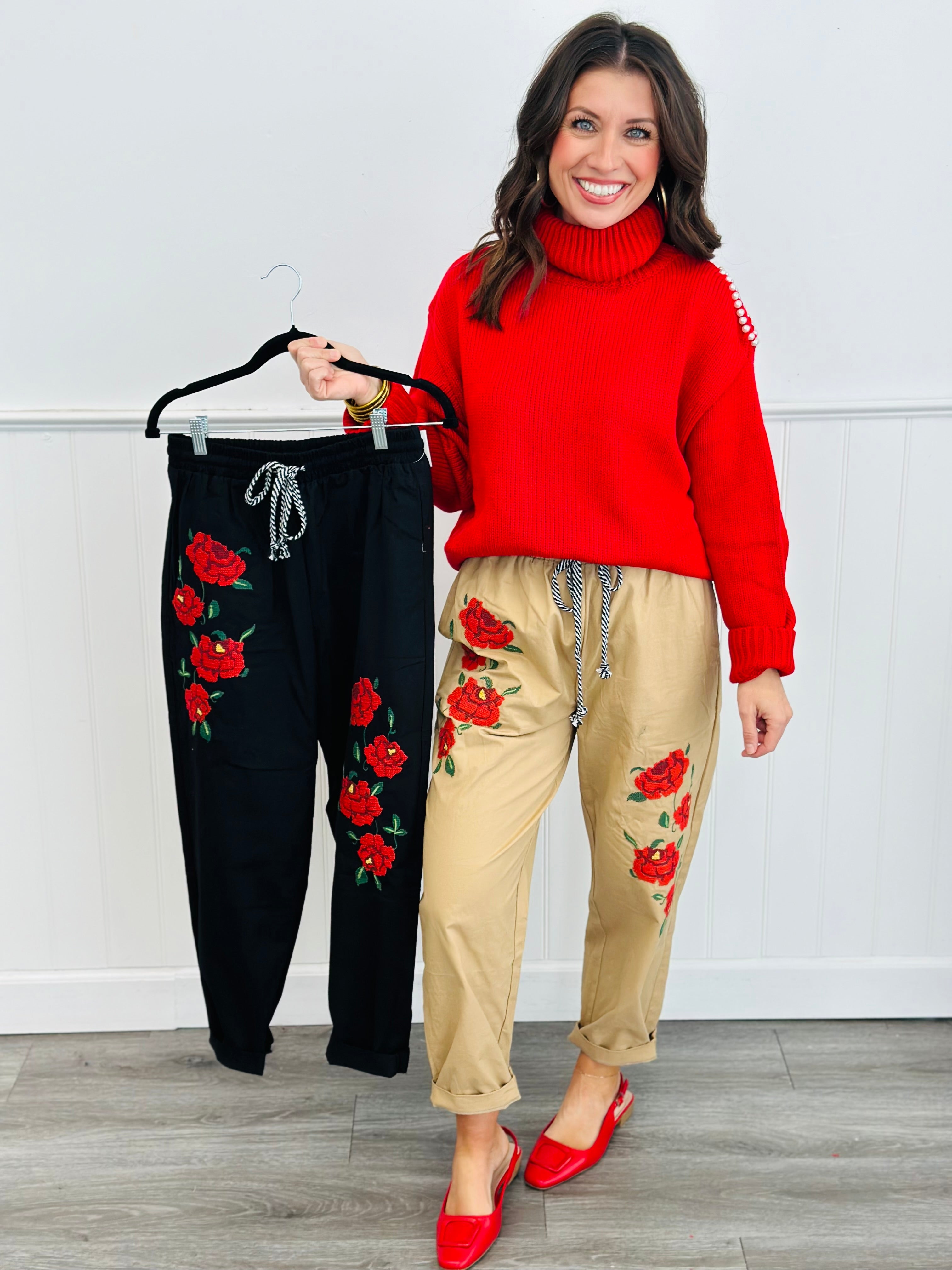 Embroidered Roses Jogger Pants (Reg & Plus)-2 Colors | Walker Rose 
