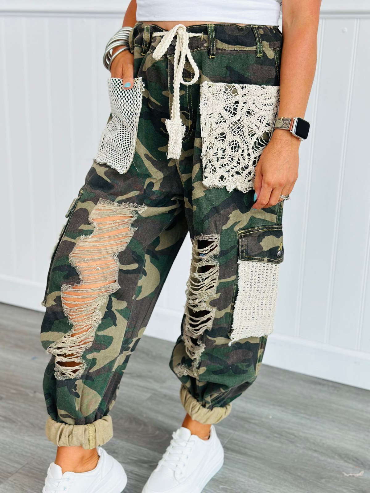 POL Distressed Camo Lace Jogger Pants (Reg) Walker Rose Boutique