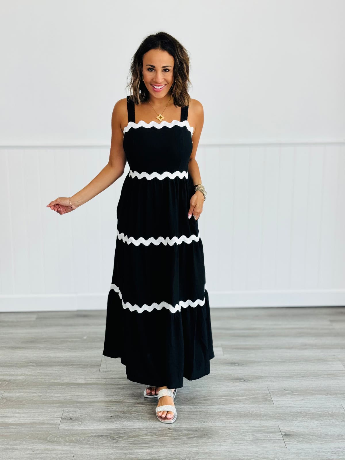 knee length dresses for ladies Natalie Martin Alex Button-Front Midi Dress Grenadine Zig Zag Print Si –  Celebrity Owned main image 0