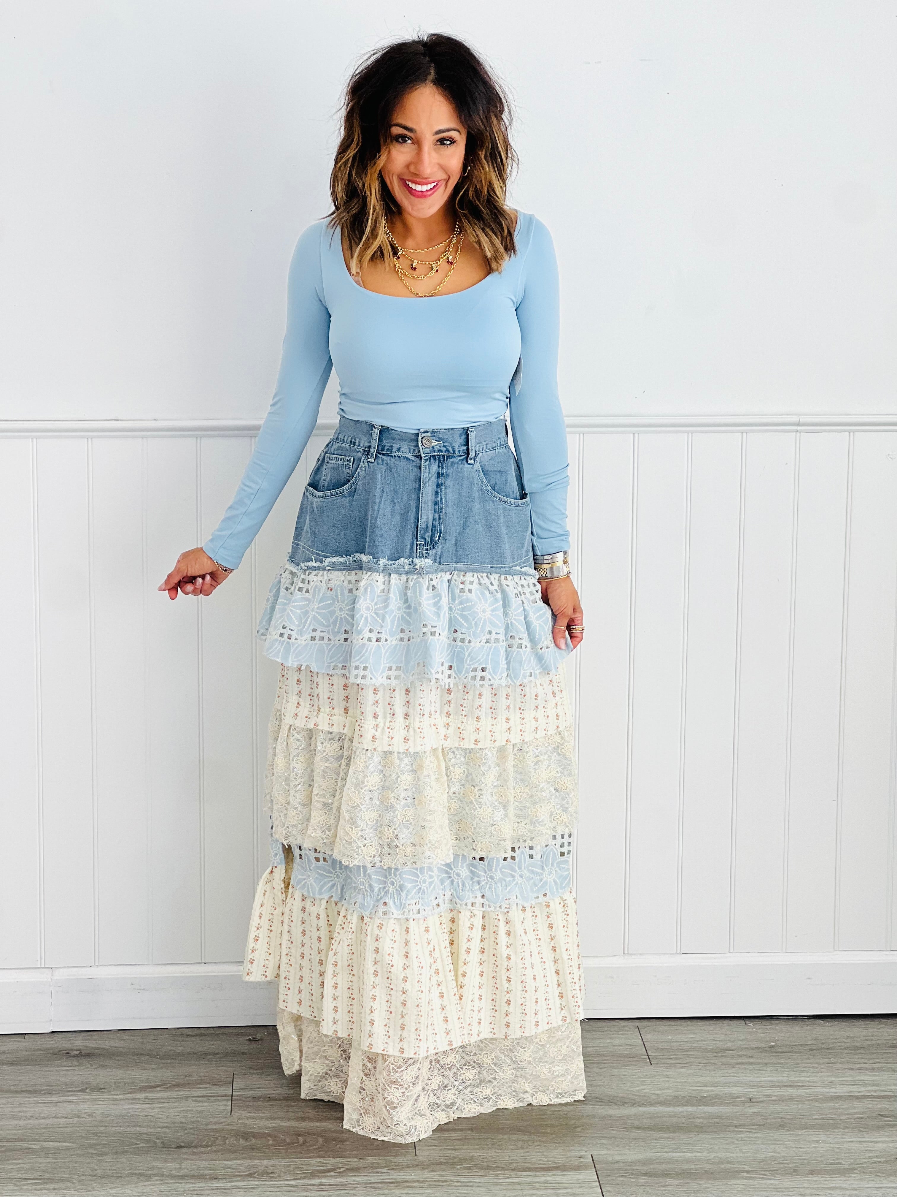 POL Denim Multi Layered Lace Floral Maxi Skirt (Reg.) | Walker