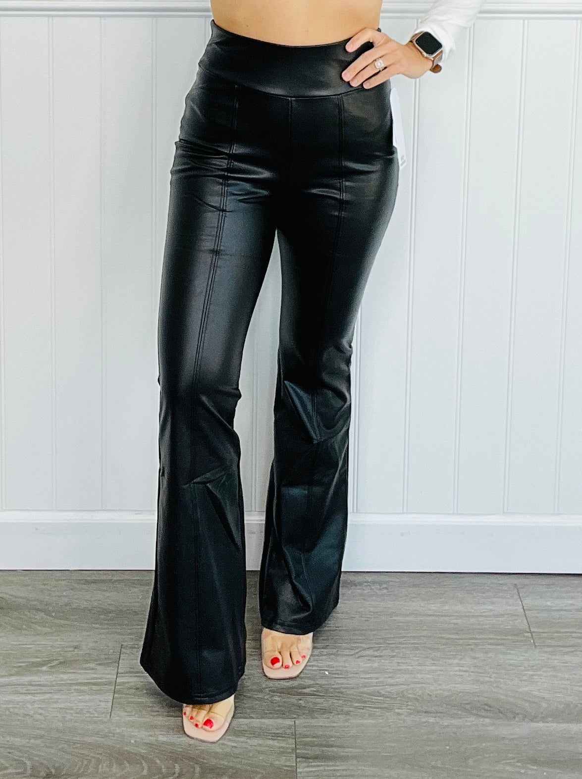 Black Faux Leather Lined Flare Pants (Reg & Plus) | Walker Rose 
