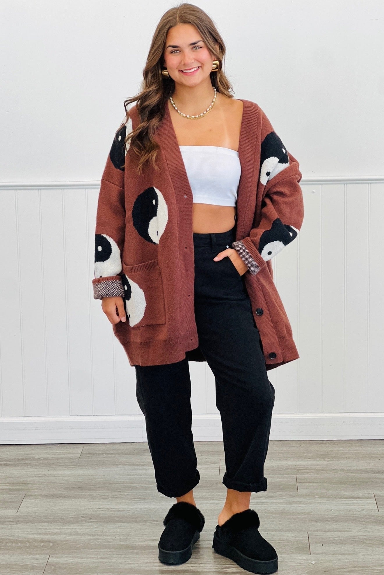 Brown Oversized Yin Yang Cardigan (Reg & Plus) | Walker Rose Boutique