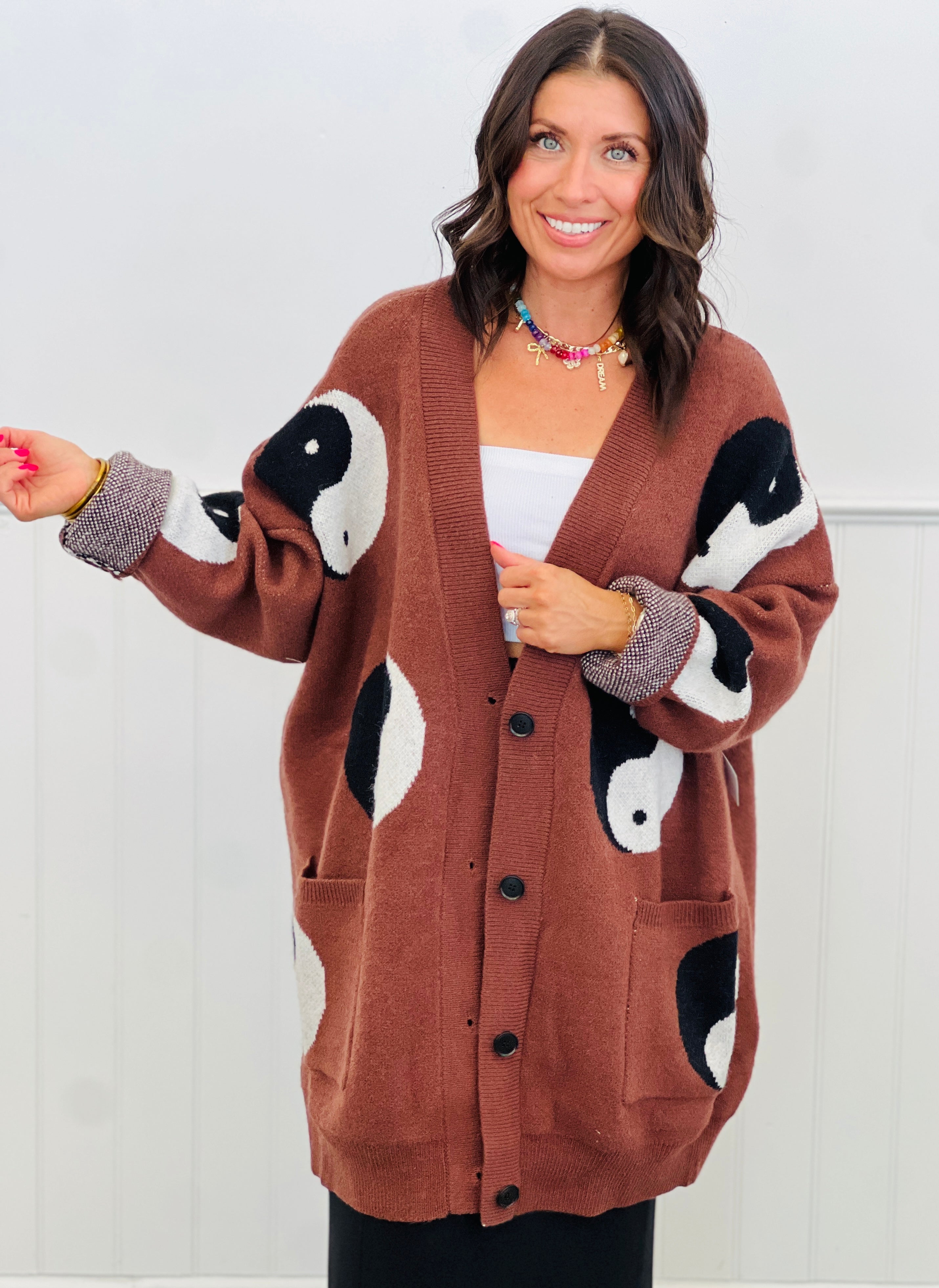 Brown Oversized Yin Yang Cardigan (Reg & Plus) | Walker Rose Boutique