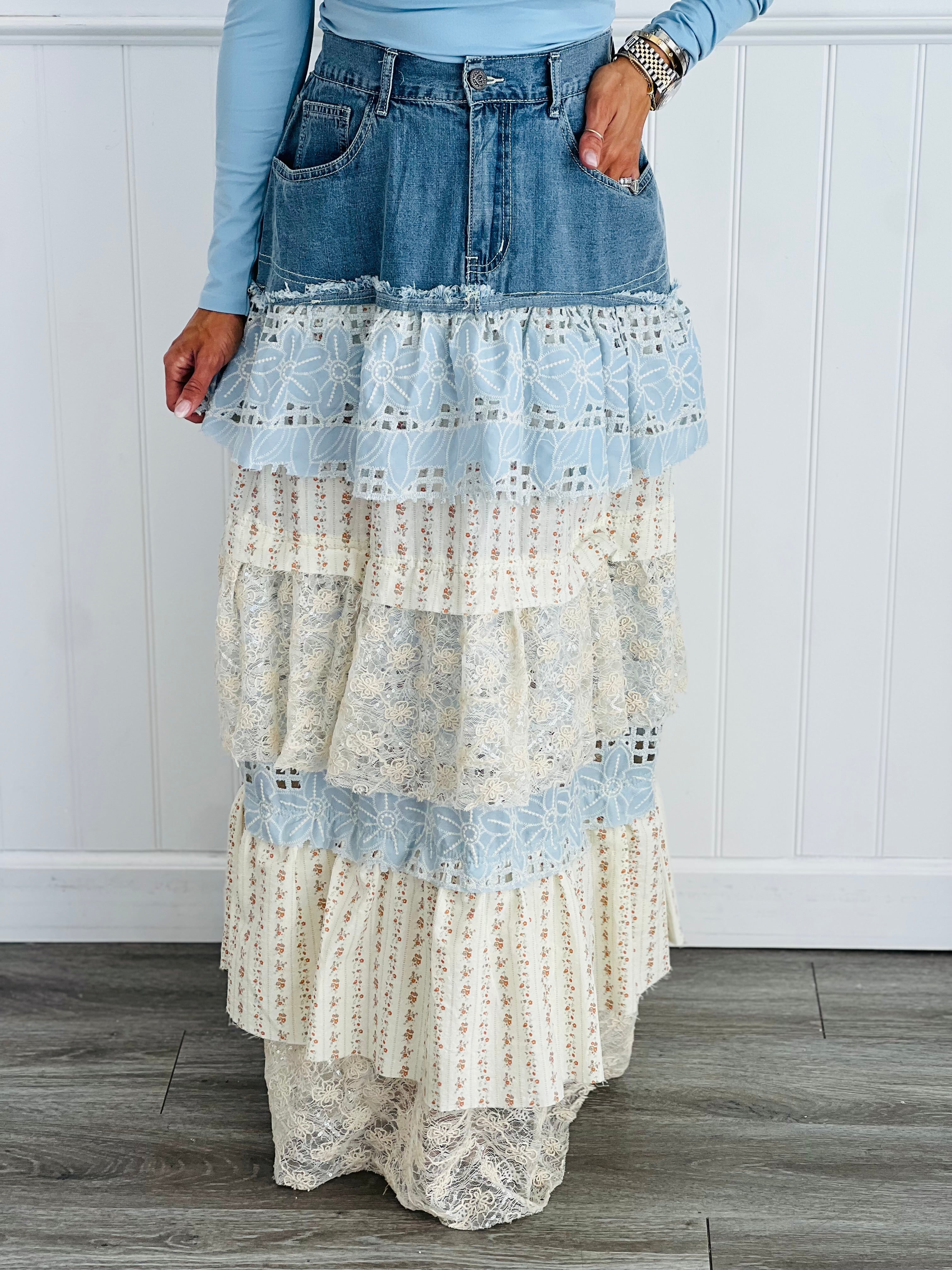POL Denim Multi Layered Lace Floral Maxi Skirt (Reg.) | Walker