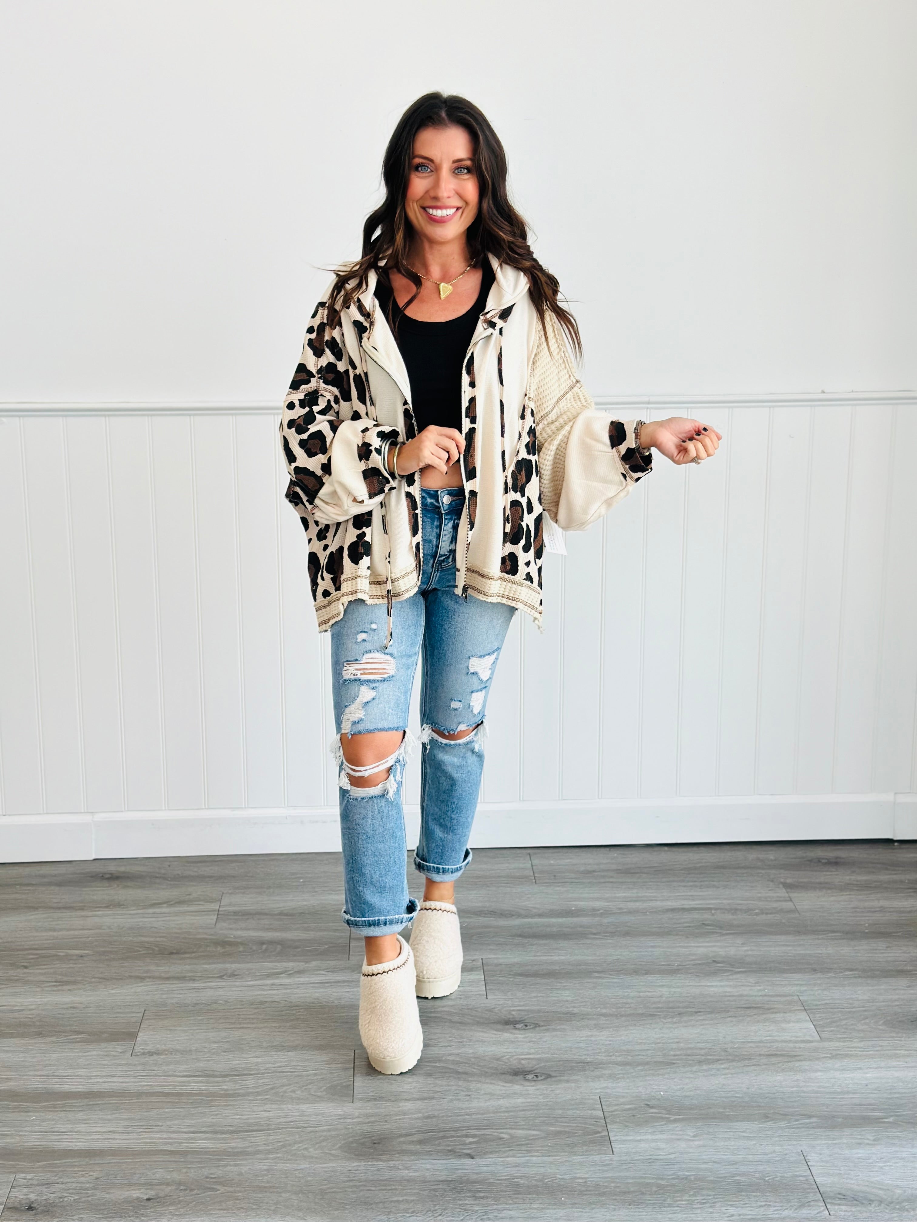 POL Cream Leopard Zip Hoodie Top (Reg) | Walker Rose Boutique