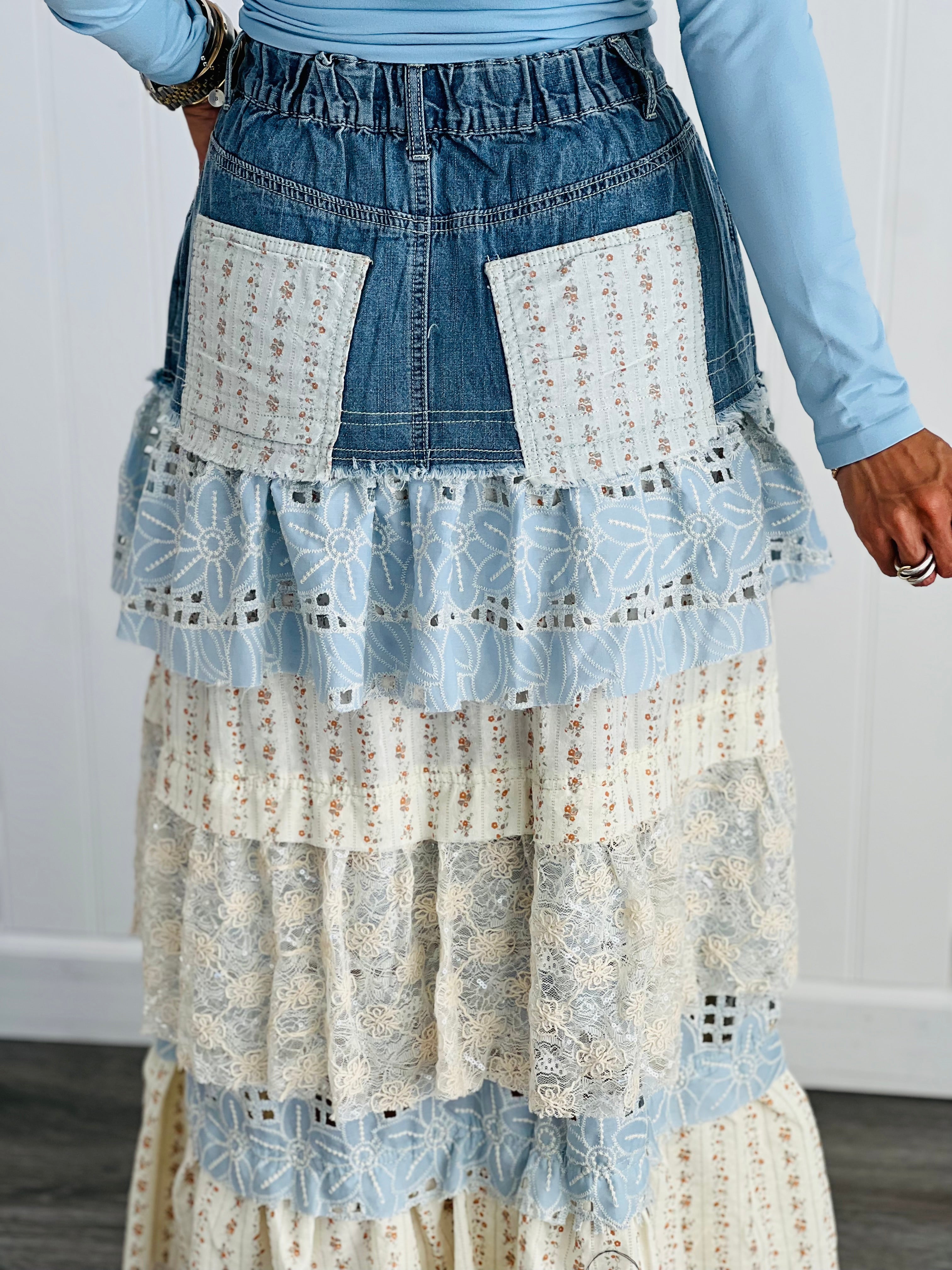 POL Denim Multi Layered Lace Floral Maxi Skirt (Reg.) | Walker