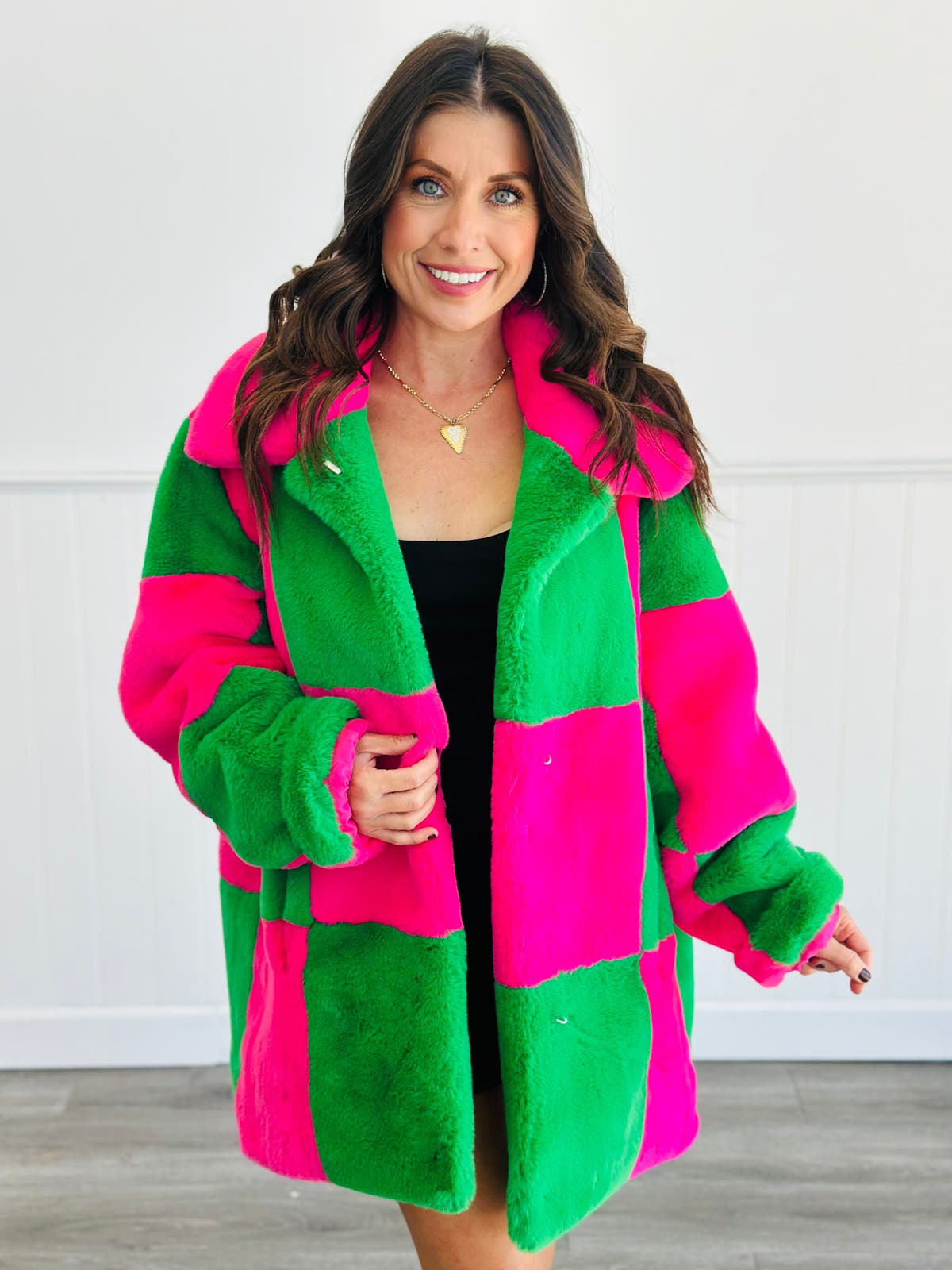 Green/Pink Faux Fur Checkered Coat (Reg. & Plus) | Walker Rose Boutique