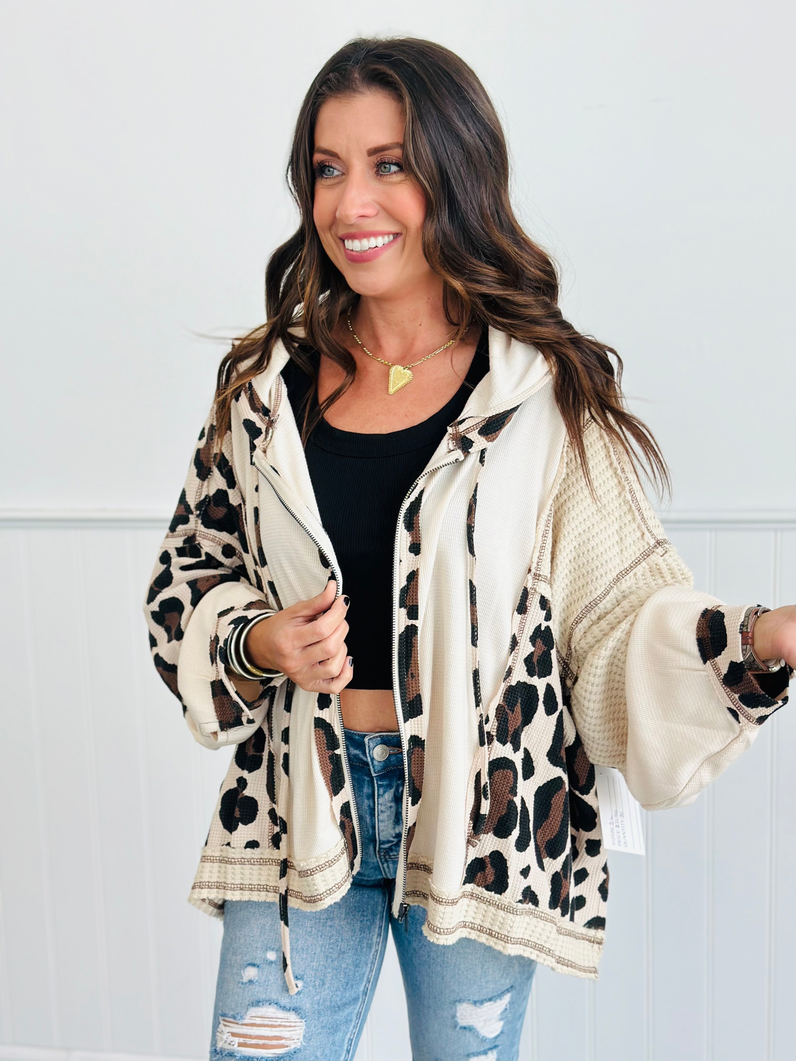 POL Cream Leopard Zip Hoodie Top (Reg) | Walker Rose Boutique
