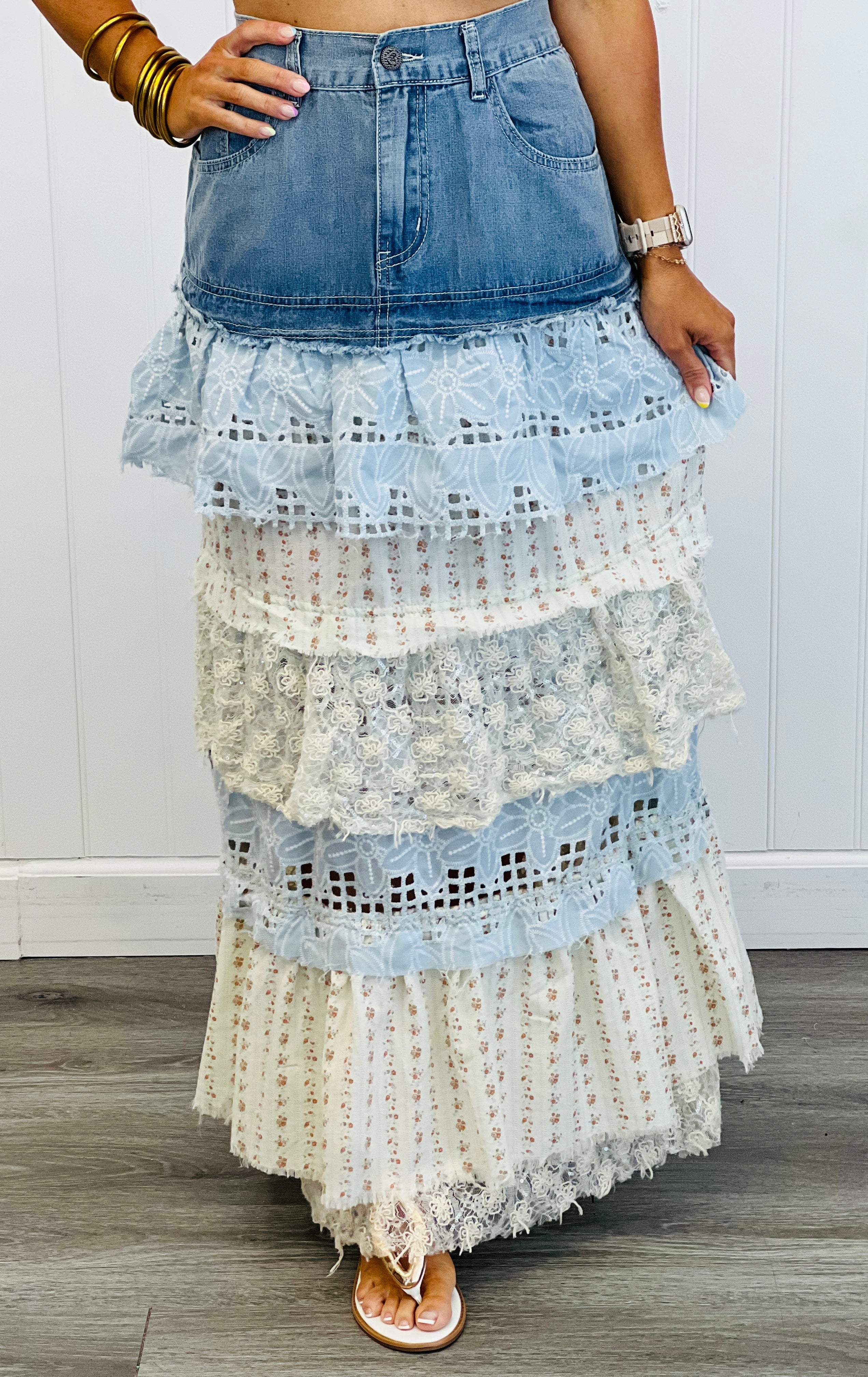 POL Denim Multi Layered Lace Floral Maxi Skirt (Reg.) | Walker