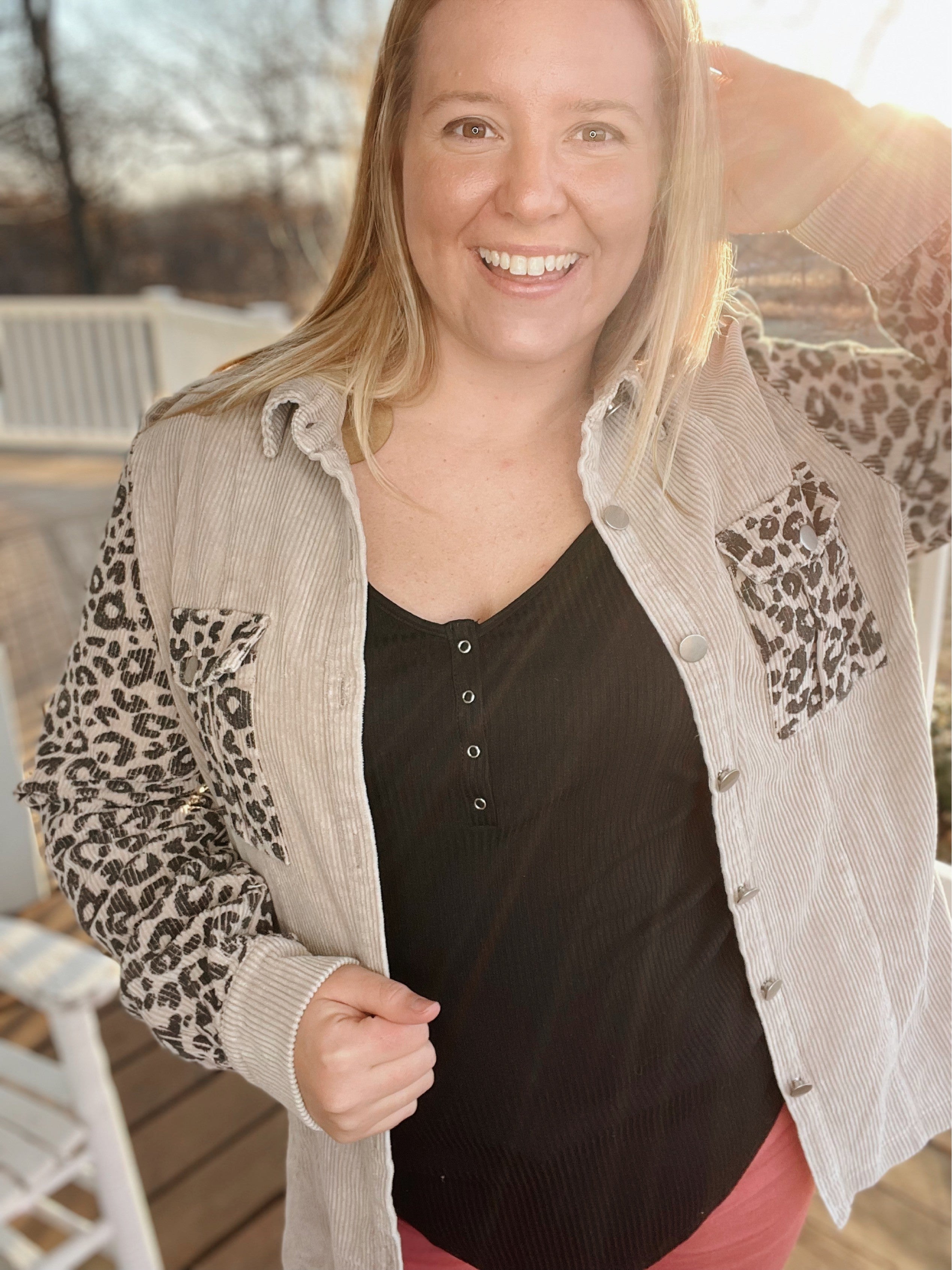 Zara Leopard Sleeve Cord Jacket | Waves n Whiskey Boutique