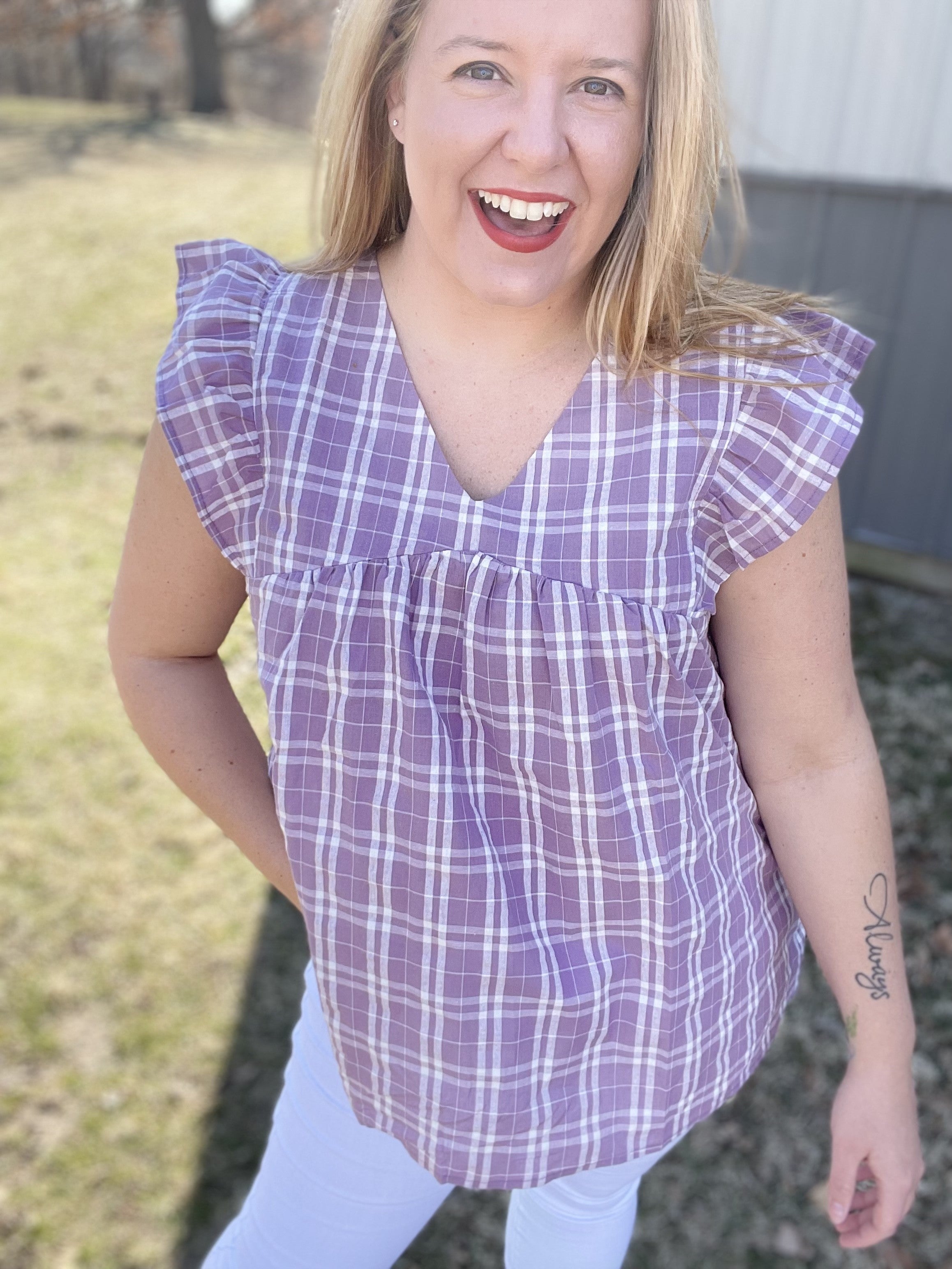 gingham ruffle sleeve top